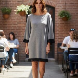 Ethreal by Papercrane, Gray Sweater Dress/Tunic with Black Fringe, size S